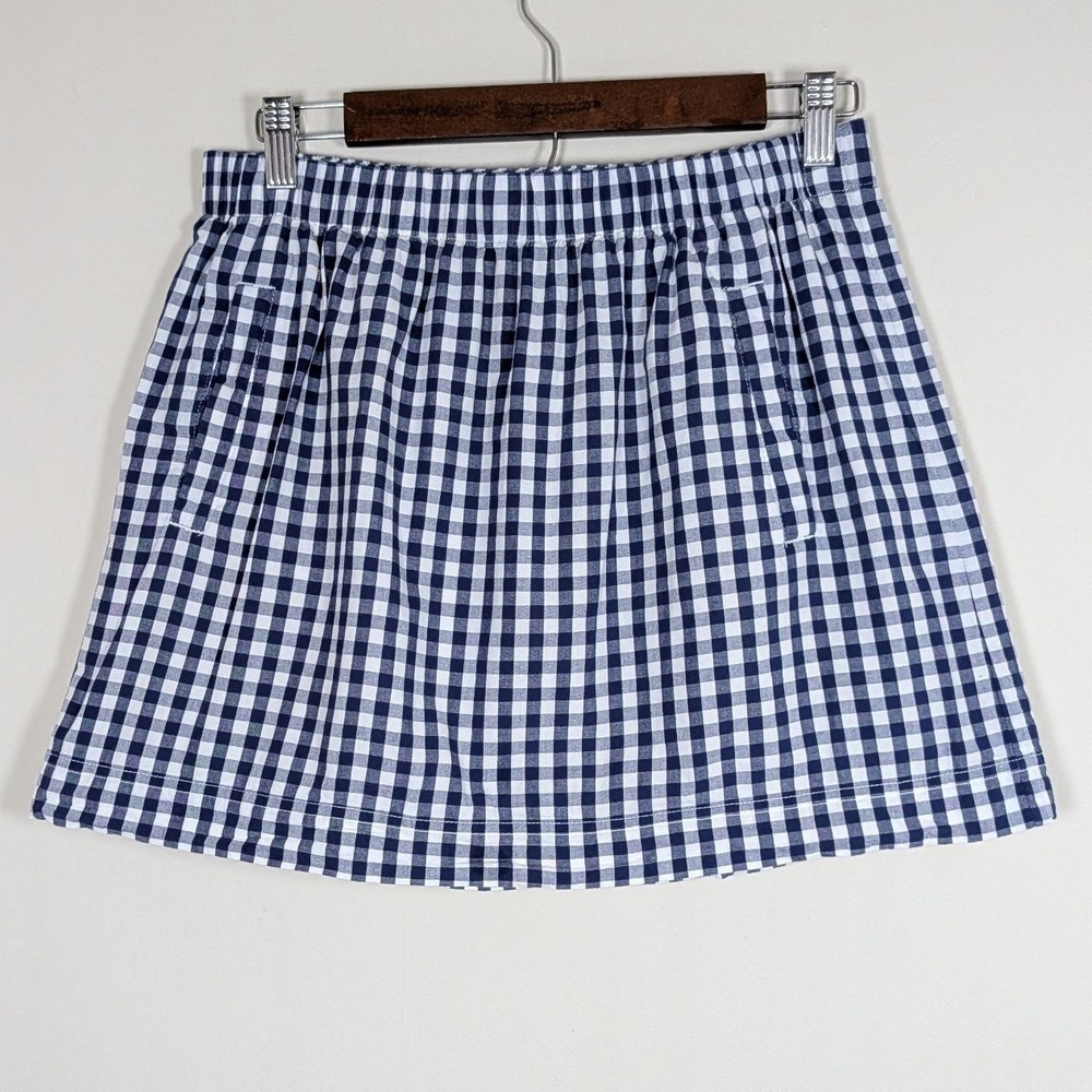 J.Crew Navy Blue Gingham Mini Skirt Cotton Elastic Waist Pockets Womens Size S